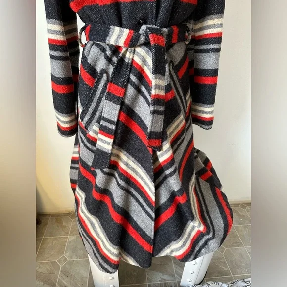 RARE Vintage 70’s Retro Boho Chevron Stripe Red Grey Black Wool Long Coat M L - Picture 3 of 10